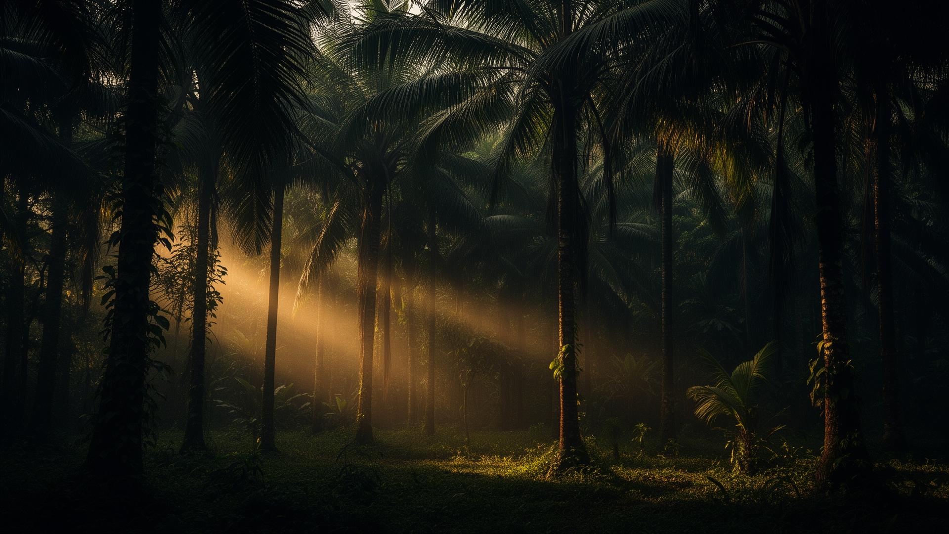 Sri Lankan kithul palm forest at golden hour